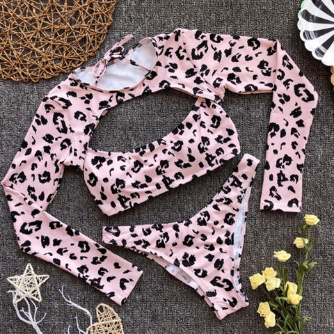 Image of Three-Piece Long Sleeve  Pink Leopard Women's Bikini Set