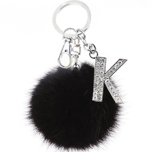 Black Pompom Faux Rabbit Fur Ball Key Chains Crystal Letters Design