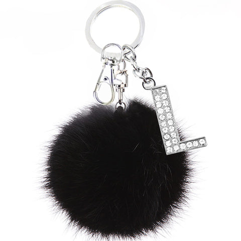 Image of Black Pompom Faux Rabbit Fur Ball Key Chains Crystal Letters Design