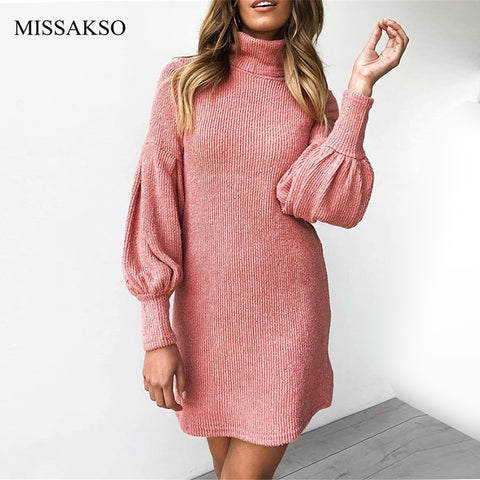 Image of Autumn Winter Ribbed Sweater Dress