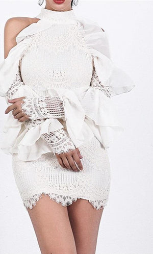 Fashionable Ruffles Long sleeve O Neck Off  Shoulder Lace Women's Mini Dress