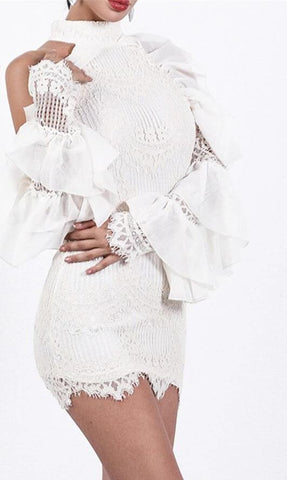 Image of Fashionable Ruffles Long sleeve O Neck Off  Shoulder Lace Women's Mini Dress