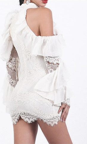 Image of Fashionable Ruffles Long sleeve O Neck Off  Shoulder Lace Women's Mini Dress