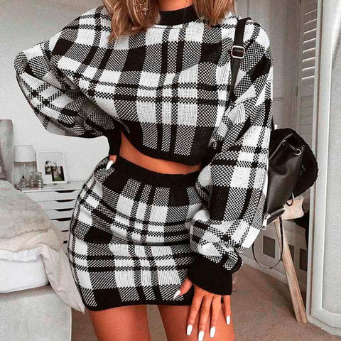 Image of Trendy Plaid Knitted  2 piece Women's Skirt Set