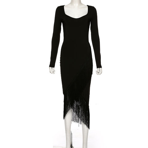Image of Luxury Asymmetric Tassel Long Sleeve Christmas Dress