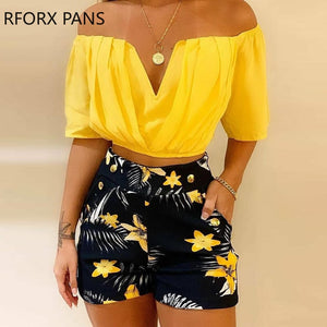 Hey Beauty! Women Off Shoulder Rushed Top & Tropical Print Shorts Set Two Pieces Set