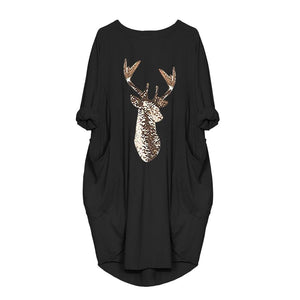 2021 Comfortable Elk Printing Long Pocket Dress