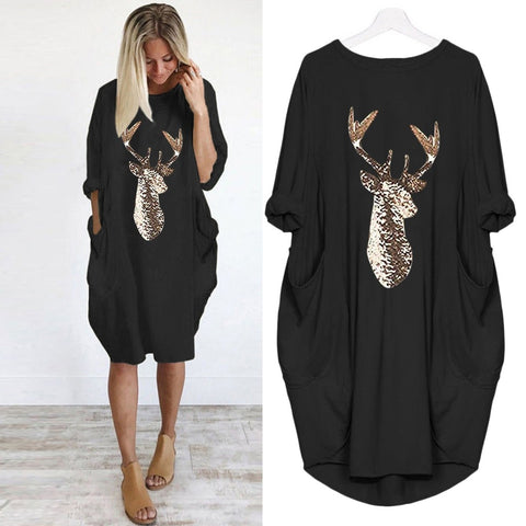 Image of 2021 Comfortable Elk Printing Long Pocket Dress