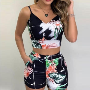 Hey Fitness Girl! Black Floral Print Spaghetti Strap Crop Top & Short Sets