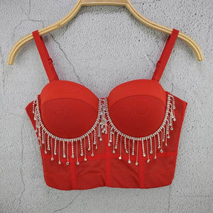 Just Beautiful! Shiny Women Crop Tank Top with Rhinestones- Red