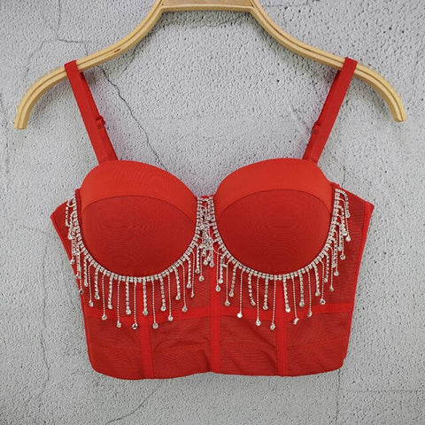 Image of Just Beautiful! Shiny Women Crop Tank Top with Rhinestones- Red
