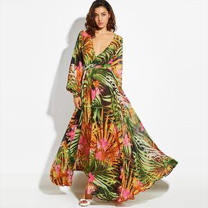 Trendy Spring-Summer Boho Vintage Long Sleeve Floral Print Women's Maxi Dress