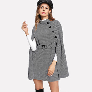Vintage Dress Houndstooth Long Coat  Women's Black and White Fall  Stand Collar Self Belted