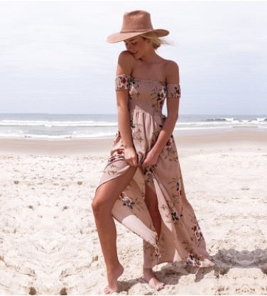 Image of New Vintage Women's Side Split Summer Dress Off Shoulder  Bohemian Style Maxi Dress
