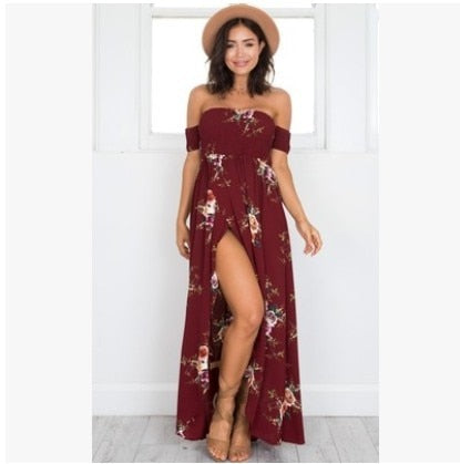 Image of New Vintage Women's Side Split Summer Dress Off Shoulder  Bohemian Style Maxi Dress