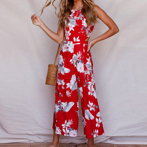 Image of Newest Stylish Red Floral Sleeveless Women's Spring SummerJumpsuit