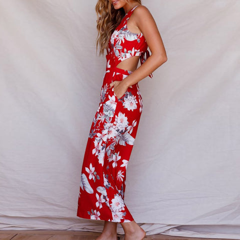 Image of Newest Stylish Red Floral Sleeveless Women's Spring SummerJumpsuit
