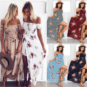 New Vintage Women's Side Split Summer Dress Off Shoulder  Bohemian Style Maxi Dress
