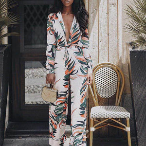 Fashionable Sexy Long Sleeve Floral Leaf Style Women's Jumpsuit