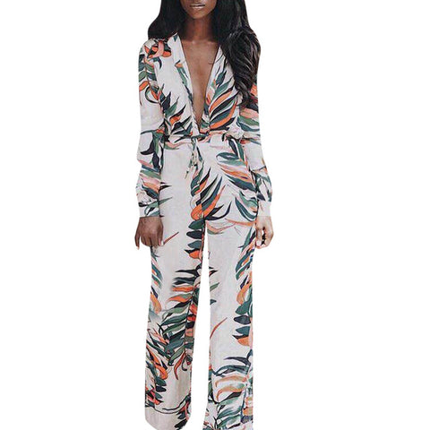 Image of Fashionable Sexy Long Sleeve Floral Leaf Style Women's Jumpsuit