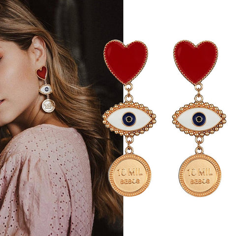 Image of Fashion Red Heart Evil Eye Coin Drop Earrings