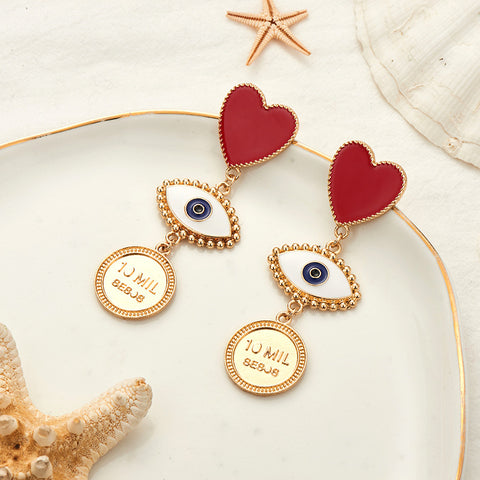 Image of Fashion Red Heart Evil Eye Coin Drop Earrings